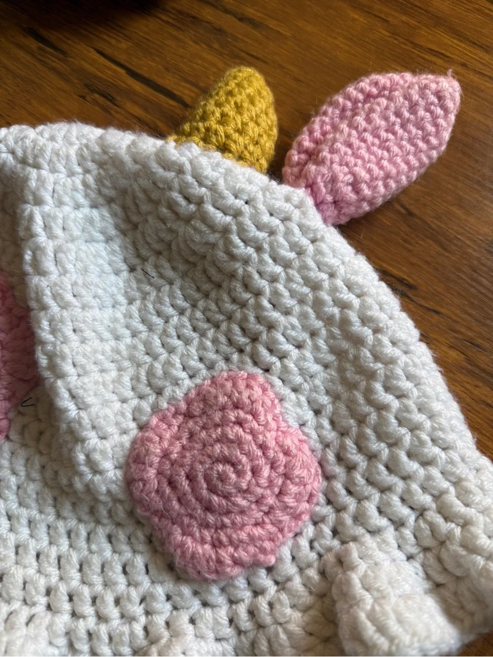 Handmade Crochet Unicorn Hat - Cream with Pink and Mustard Accents